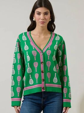 Sugarlips Green Cardigan with Pink & Cream Tennis Racket Motif
